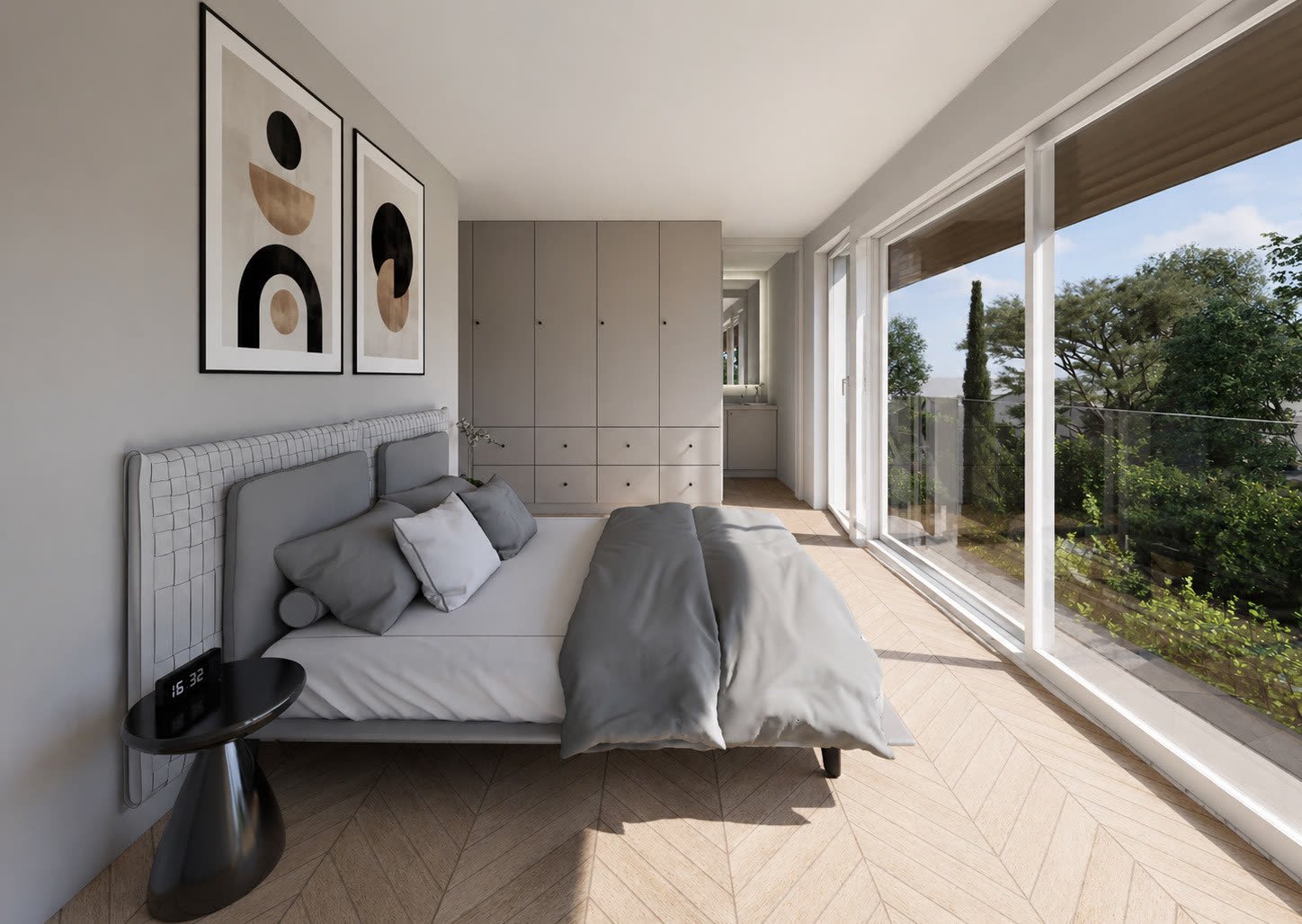 Chambre à l'étage, lumière douce et parquet en chevrons