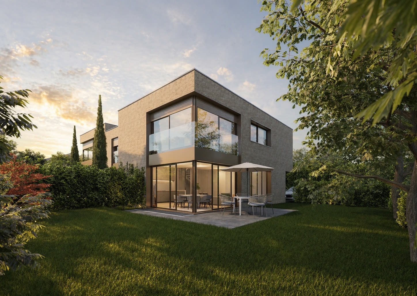 Les trois villas Montagne 41 vues du jardin au couchant, façades en briques claires